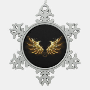 Golden Angel Wings op zwarte achtergrond Tin Sneeuwvlok Ornament