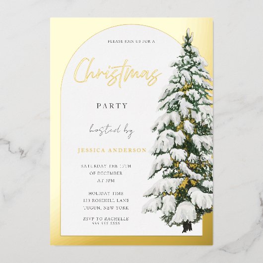 Golden Arch White Snowy Tree-kerstfeest Folie Uitnodiging (Voorkant)