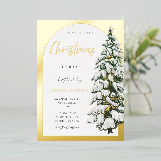 Golden Arch White Snowy Tree-kerstfeest Folie Uitnodiging (Staand Voorkant)