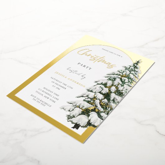 Golden Arch White Snowy Tree-kerstfeest Folie Uitnodiging (Gedraaid)