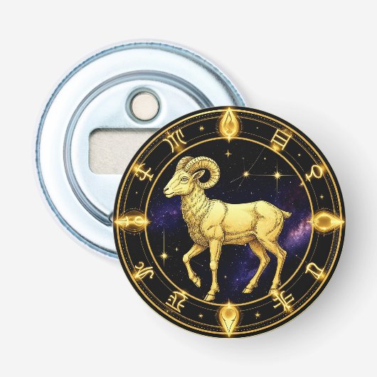 Golden Aries Zodiac Circle With Ram Button Flesopener (Voorkant)