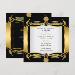 Golden Art Deco Black White Pearl Birthday Party Kaart