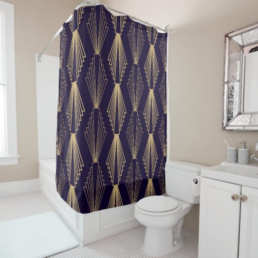 Golden art Deco Pattern. Seamless dark blue backgr Douchegordijn (In situ)