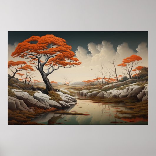 Golden Autumn Dreamscape With Orange Trees Fantasy Poster (Voorkant)