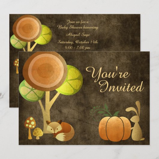 Golden Autumn Fox et Bunny Baby shower Invitation (Devant / Derrière)