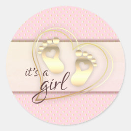 Golden Baby Girl Footprint and Hearts Baby shower Ronde Sticker