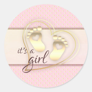 Golden Baby Girl Footprint and Hearts Baby shower Ronde Sticker