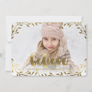 Golden Believe   Whimsical Wreath Holiday Card Feestdagenkaart