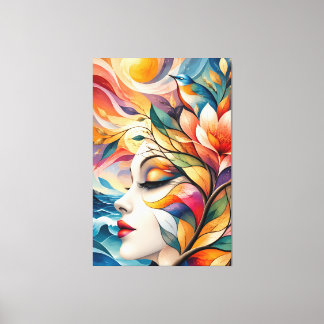 Golden Bird and Flower Woman Art Canvas Afdruk
