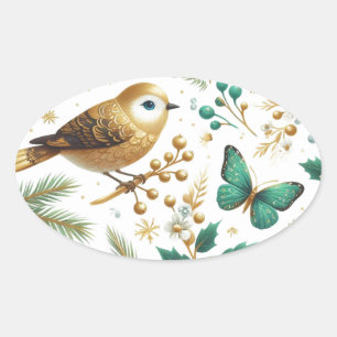 Golden Bird Emerald Vlinder Botanisch Ovale Sticker