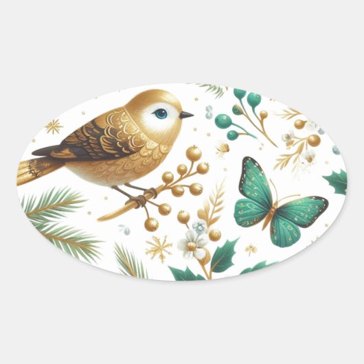 Golden Bird Emerald Vlinder Botanisch Ovale Sticker (Voorkant)