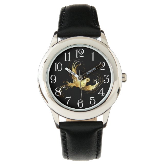 Golden Bird op zwarte achtergrond Horloge (Voorkant)