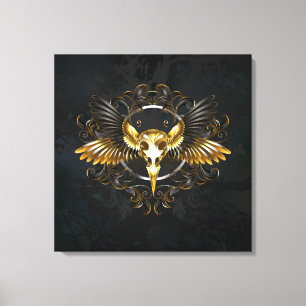Golden Bird Skull op zwarte achtergrond Canvas Afdruk
