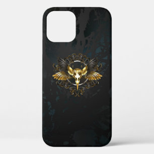 Golden Bird Skull op zwarte achtergrond iPhone 12 Hoesje