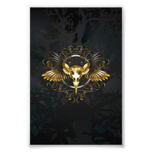 Golden Bird Skull op zwarte achtergrond Foto Afdruk