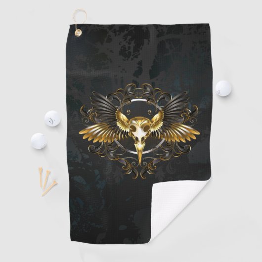 Golden Bird Skull op zwarte achtergrond Golfhanddoek (Insitu)
