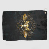 Golden Bird Skull op zwarte achtergrond Golfhanddoek (Horizontaal)