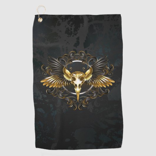 Golden Bird Skull op zwarte achtergrond Golfhanddoek (Voorkant)
