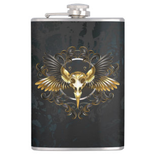 Golden Bird Skull op zwarte achtergrond Heupfles