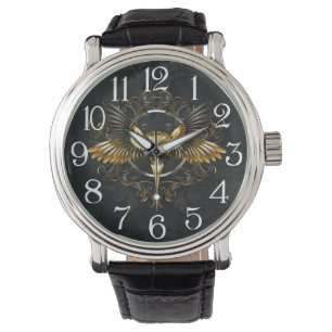Golden Bird Skull op zwarte achtergrond Horloge