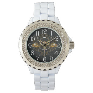 Golden Bird Skull op zwarte achtergrond Horloge