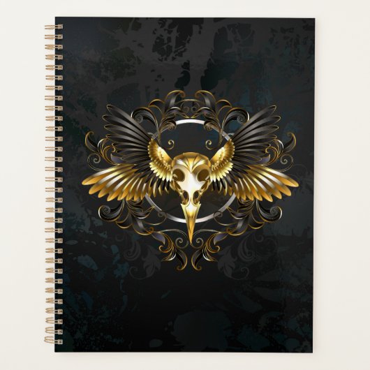 Golden Bird Skull op zwarte achtergrond Planner (Voorkant)