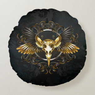 Golden Bird Skull op zwarte achtergrond Rond Kussen