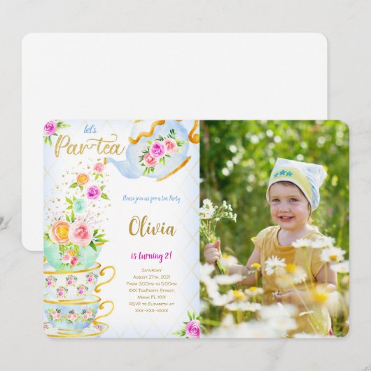 Golden Birthday Tea Party Photo Invitation (Devant / Derrière)