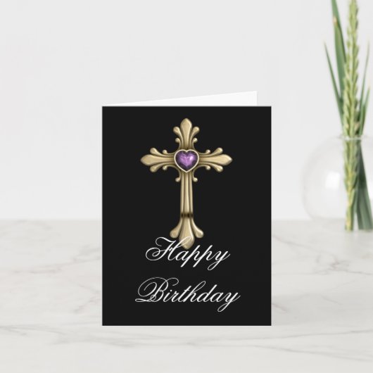 Golden Birthstone Purple Cross Bonne carte d'anniv (Devant)