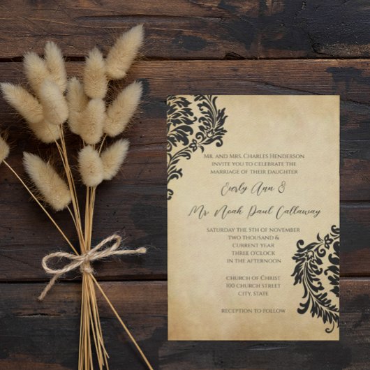 Golden  Black Damask Wedding Invitations Kaart