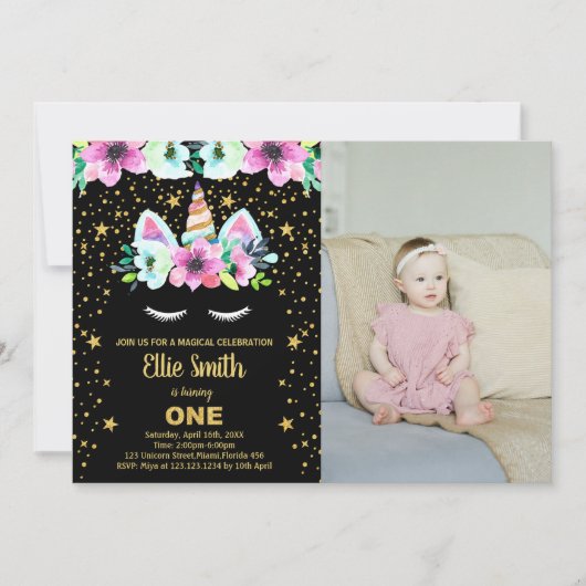Golden Black Eenhoorn Verjaardag Uitnodigingen een (Voorkant)