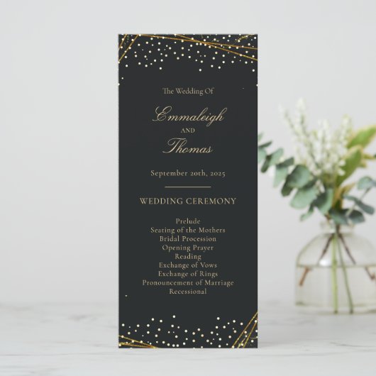 Golden Black Glitter Confetti bruiloft Programma (Staand voorkant)