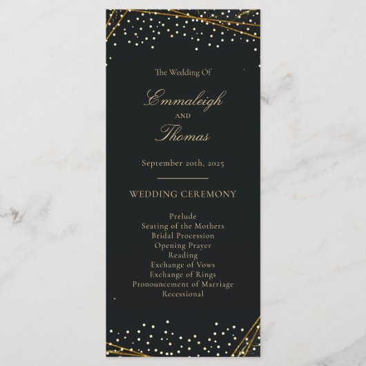 Golden Black Glitter Confetti bruiloft Programma (Voorkant)