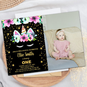 Golden Black Unicorn Anniversaire Invitations avec