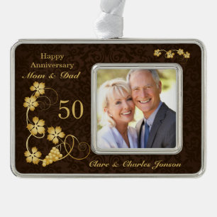Golden bladeren op bruin 50th Wedding Jubileum Verzilverd Kader Ornament