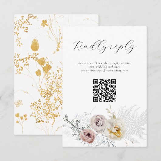 Golden Bloom Delicate Floral Calligraphy QR Code RSVP Kaartje (Voorkant / Achterkant)