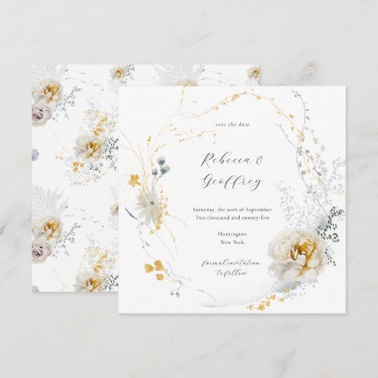 Golden Bloom Delicate Floral Calligraphy Square Save The Date (Voorkant / Achterkant)