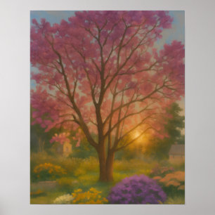 Golden Bloom - Sunset Garden Painting Poster