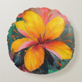 Golden Bloom – Vibrant Abstract Floral Expression Rond Kussen