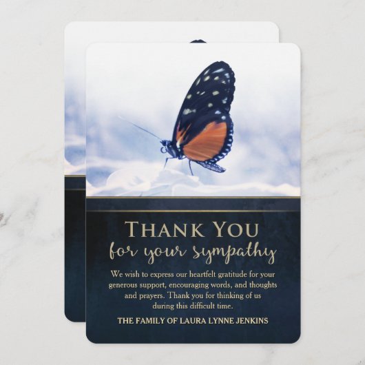 Golden Blue Butterfly Sympathie Hartelijk dank Bedankkaart (Voorkant / Achterkant)