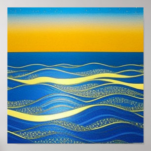 Golden Blue Waves op Sunset Poster