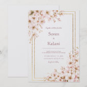 Golden Blush Blossom Huwelijksuitnodiging Kaart (Voorkant / Achterkant)