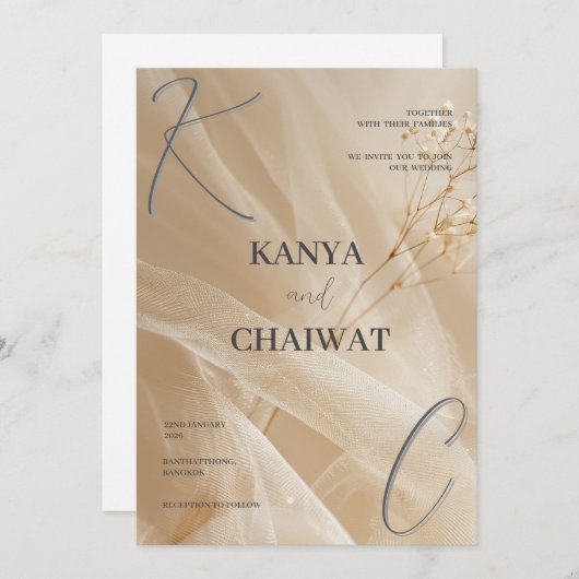 Golden Blush Botanical Wedding Invitation (Devant / Derrière)