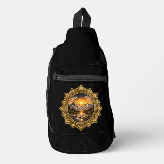 Golden Boho Mandala Mountain Sunset Black Boho Sun Sling Bag (Voorkant)