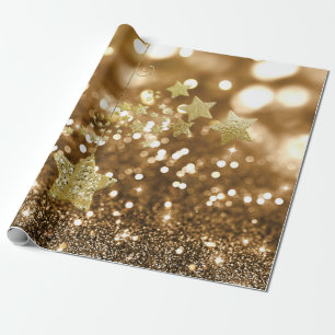 Golden Bokeh Faux Glitter & Stars Cadeaupapier