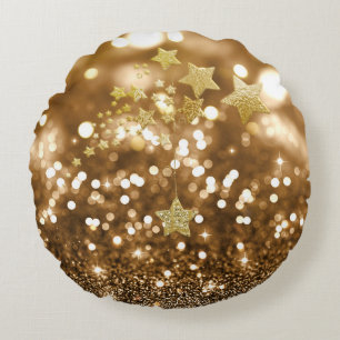 Golden Bokeh Faux Glitter & Stars Rond Kussen