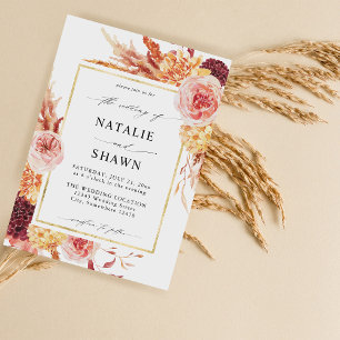 Golden Bourgogne en Blush Pink Floral Wedding Kaart