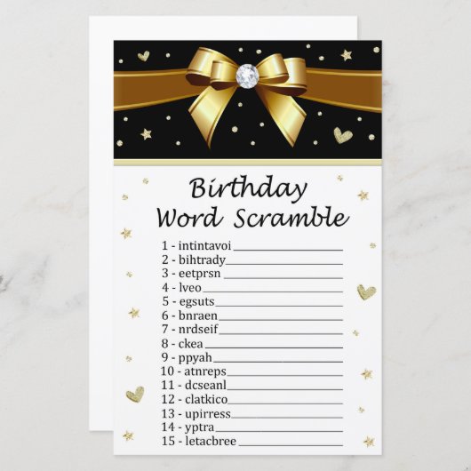 Golden bow Birthday Word Scramble Game (Voorkant / Achterkant)