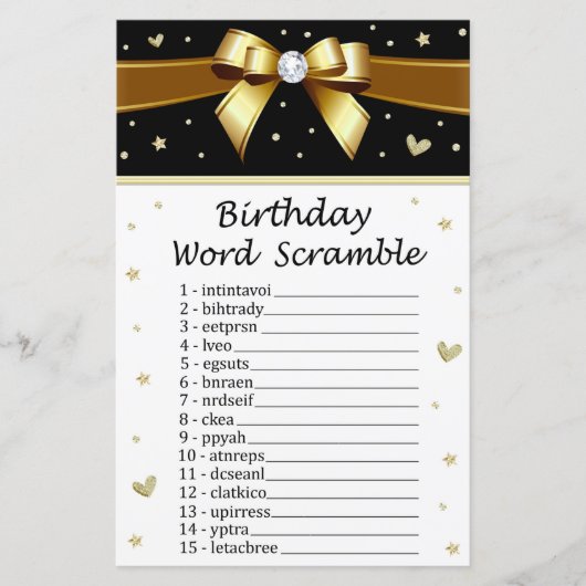 Golden bow Birthday Word Scramble Game (Voorkant)