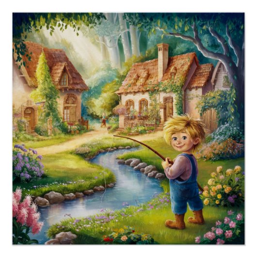 Golden Boy by the Stream Painting Glossy Poster (Devant)